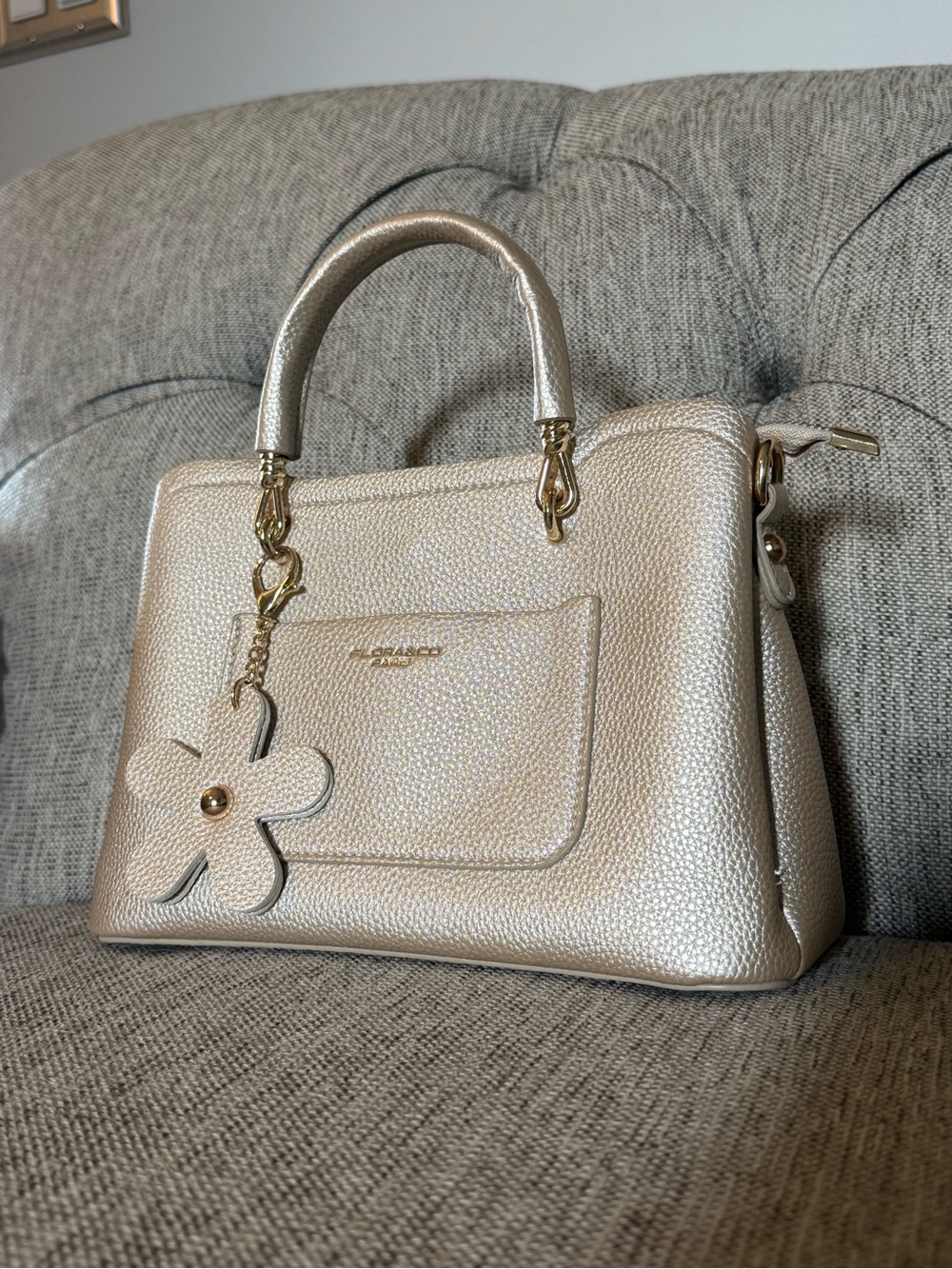Flora & Co Metallic Pearl Top-Handle Women’s Bag with Floral Charm